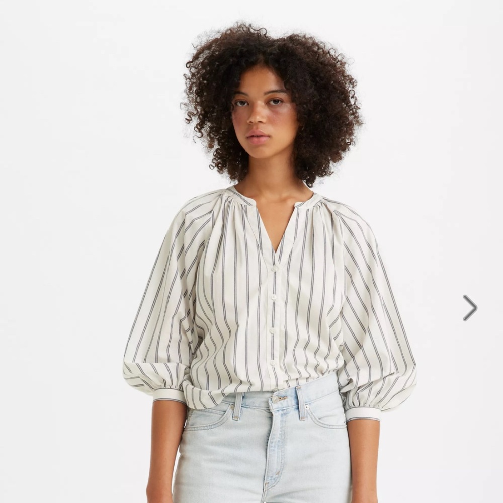 Levi’s Lainey 3/4 Balloon-Sleeve Blouse - Rayanne Blue Stripe on Off-White
